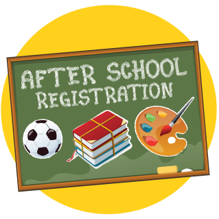 yellow circle, green and brown square box with a soccer ball, books and paint 