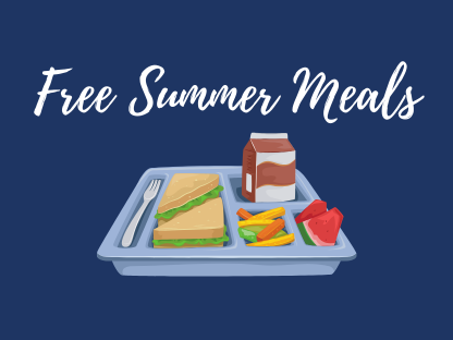 Lunch tray with food items on a blue background