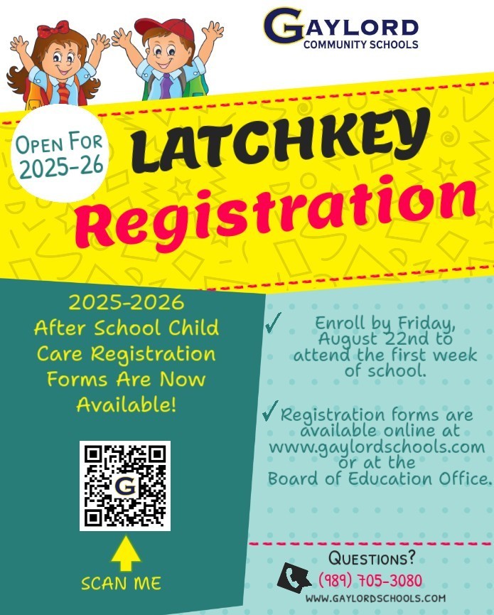 latchkey registration, colorful poster with characters waving