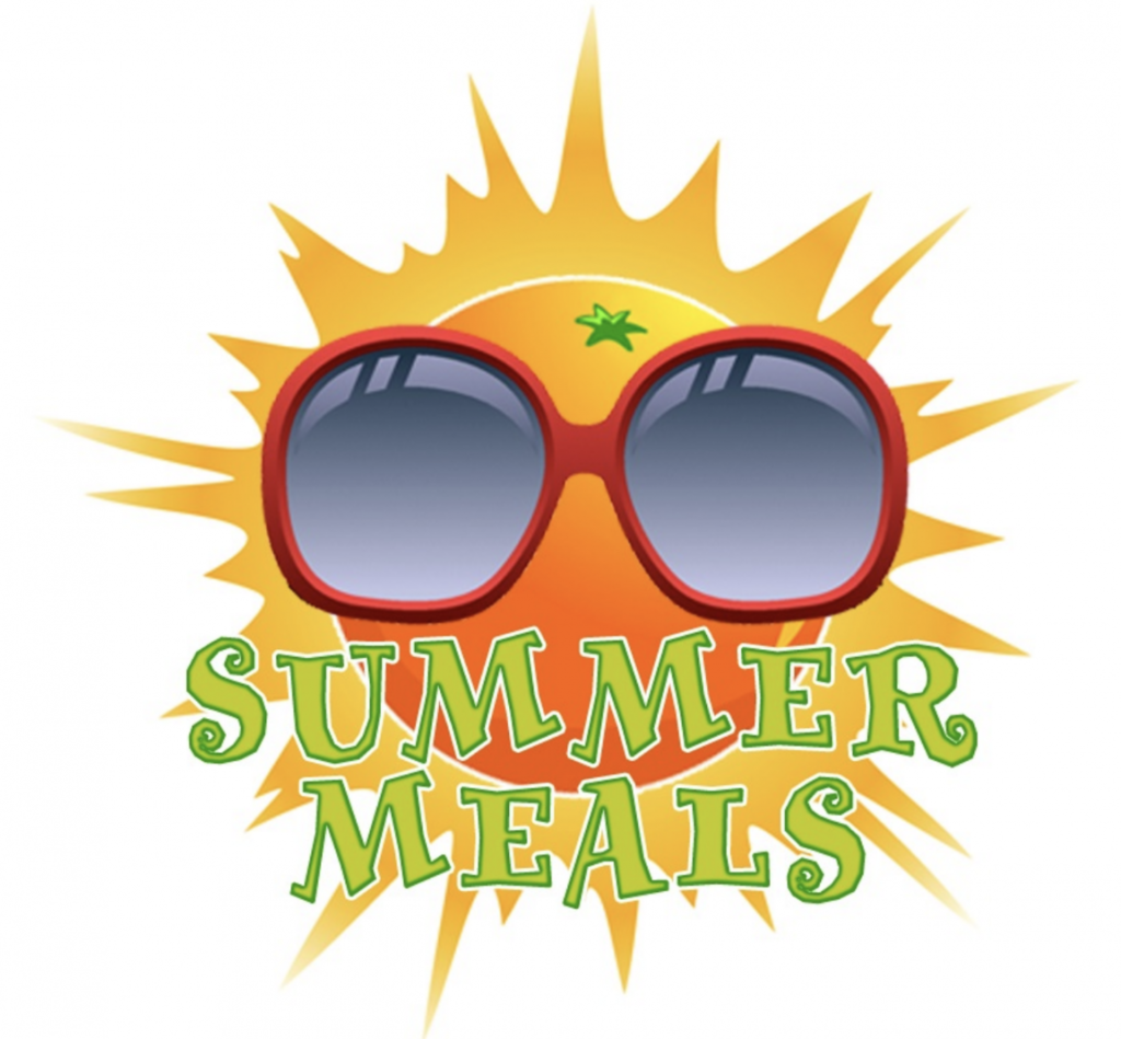 Yellow sun with sunglasses, stating summer meals