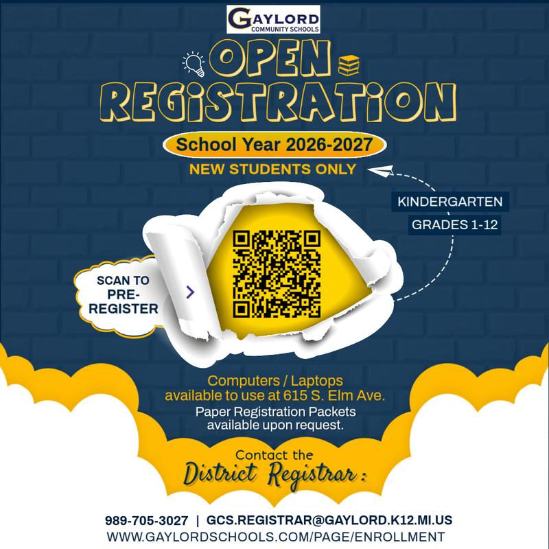 Blue and gold flyer with qr code for enrollment
