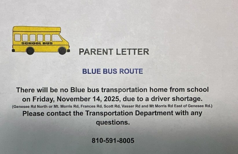 Students and Families,   There will be no blue bus today after school.   Thank you for your understanding.  
