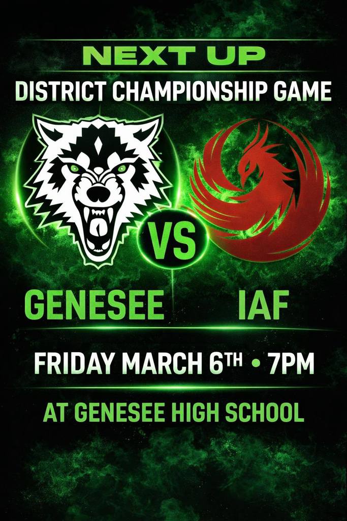 Graphic for district championship, Genesee vs. IAF 