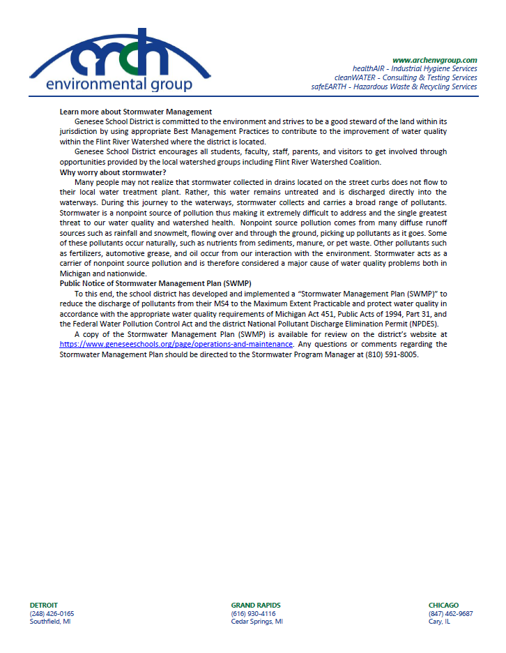 A memo from Arch Environmental Group sharing their storm water management plan.