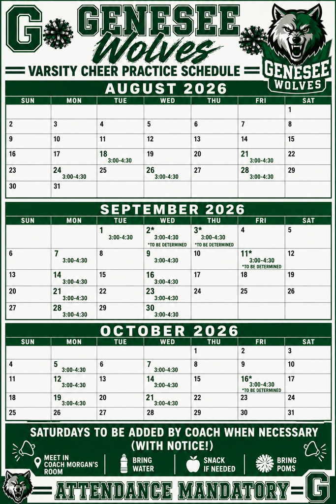 Varsity Cheer Schedule - Fall