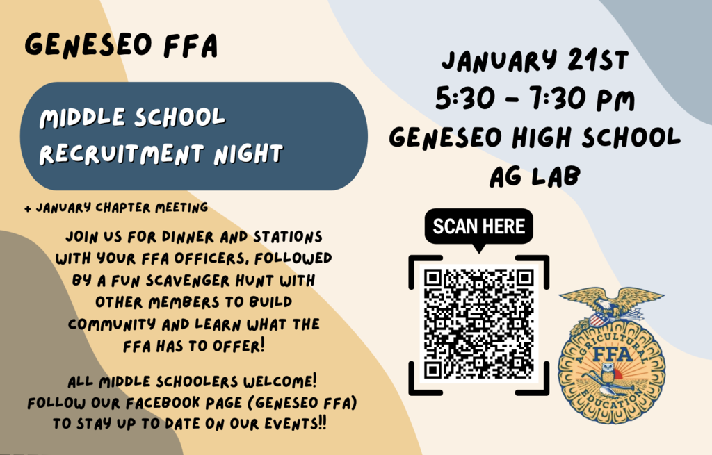 Geneseo FFA is hosting a Middle School Recruitment Night and January Chapter Meeting on January 21 from 5:30–7:30 p.m. at the Geneseo High School Ag Lab.