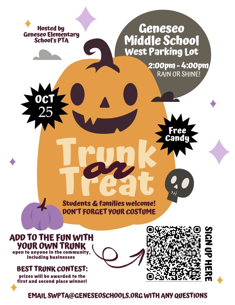 Get ready for some Halloween fun at Geneseo Middle School’s Trunk or Treat on October 25 from 2-4 p.m. in the west parking lot!