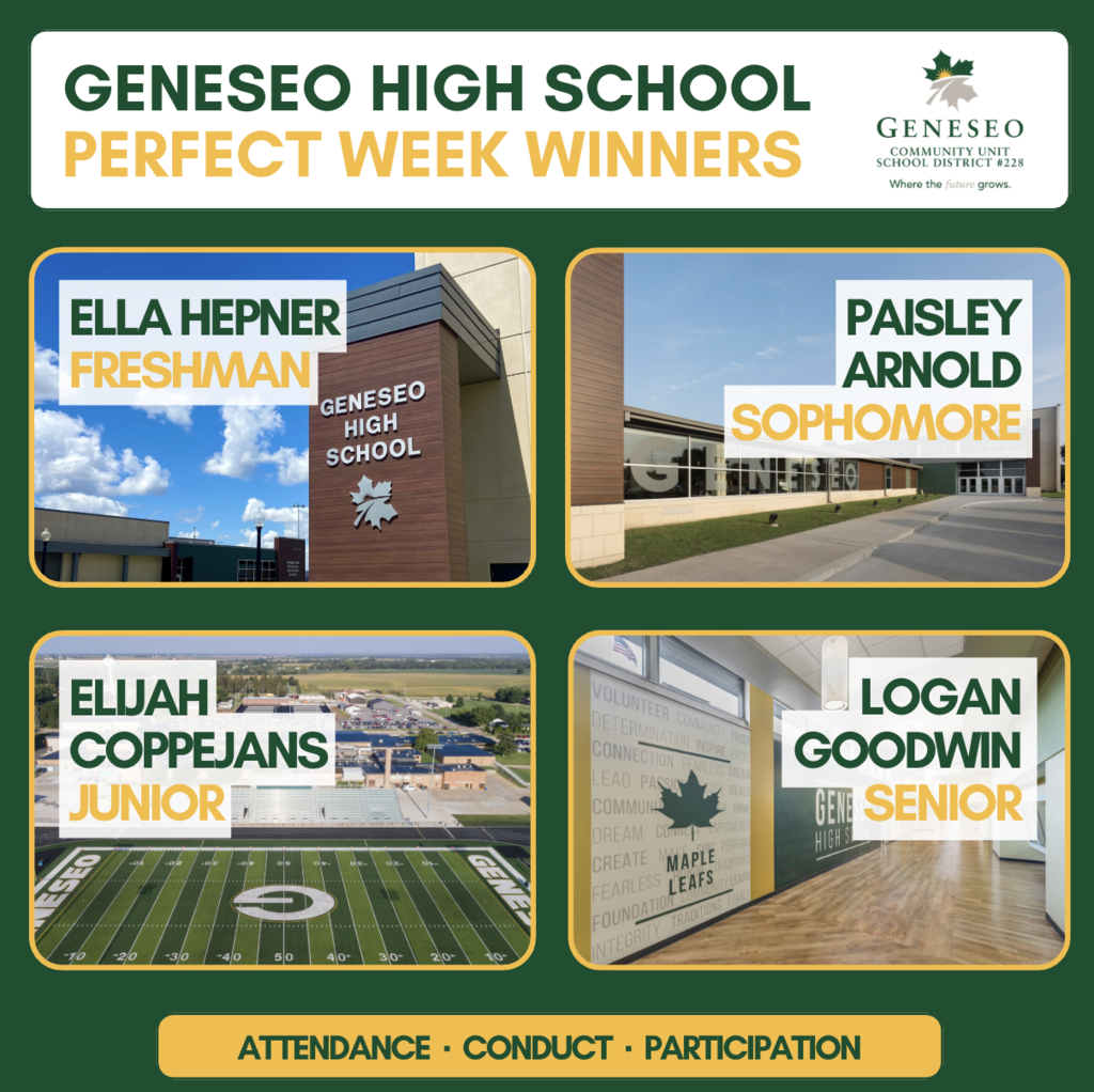 Here are our GHS "Perfect Week" winners. Each Friday we randomly select a student from each grade level that had perfect attendance and conduct. These students will meet with Mr. Mosier and receive free Casey's pizza. Congrats!