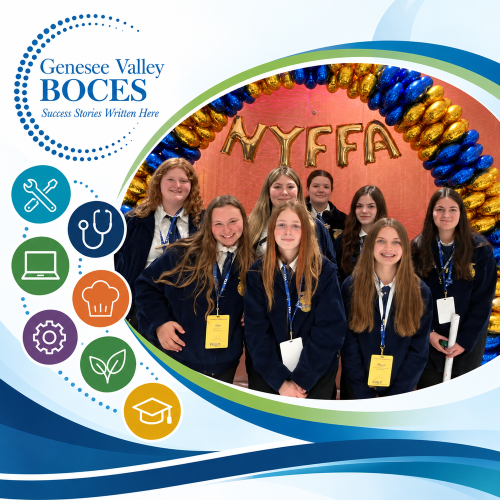 Eight students wearing navy FFA jackets pose together in front of a blue-and-gold balloon arch and an NYFFA backdrop. The image is incorporated into a blue, green and white Genesee Valley BOCES graphic featuring the GV BOCES logo and icons representing career and educational pathways.