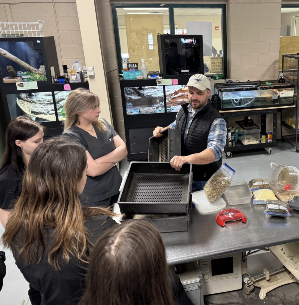  guest visit from Dairy Nutritionist Ben Colopy of Dairy NeXT Nutrition Consultants gave students a closer look at careers in animal nutrition and is demostarting in this photo about the food they eat. 