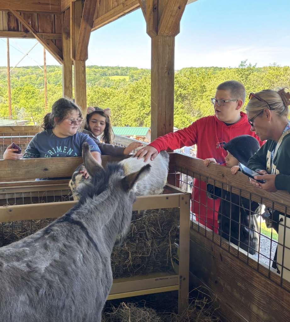 A group of children and an adult stand around a wooden animal enclosure containing two donkeys and a goat. The animals are inside a fenced area filled with hay, while the people reach over the railing to pet and observe them, with trees and rolling hills visible in the background.