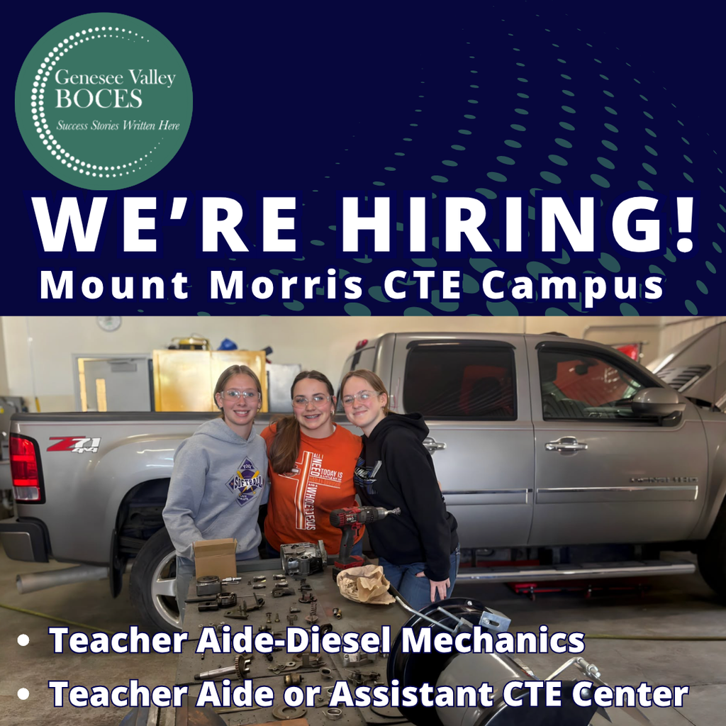 Three students in front of a truck in a garage. One has a toolbox. A green circle logo says "We're Hiring!"