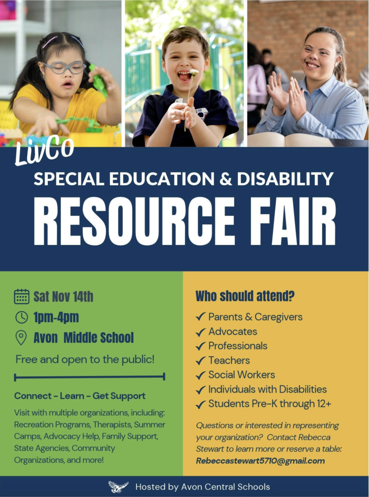 Flyer advertising a resource fair for special education and disability support. Three photos of smiling people.