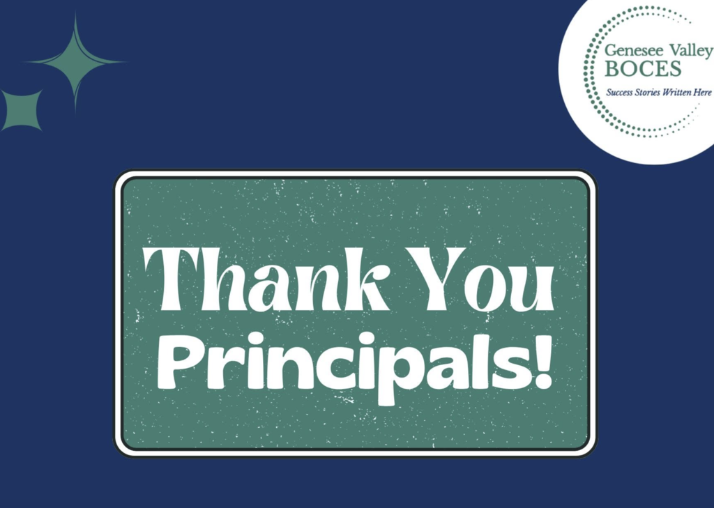 Blue background with "Thank You Principals!" in white text, framed by a green rectangle, and two star shapes.
