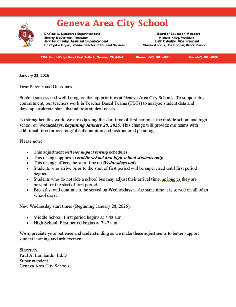 Wednesday Adjusted Start Times- High School and Middle School