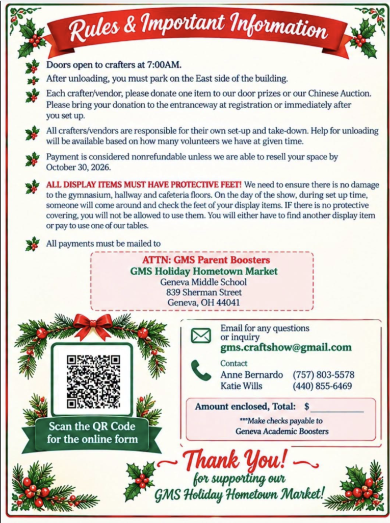 Document detailing rules and information for crafters. Includes guidelines for display items and protective feet, and registration details for Geneva Middle School's Holiday Home Town Market.