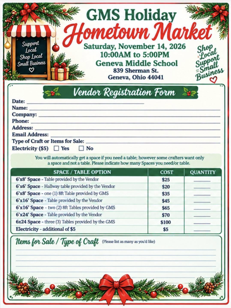 Holiday market registration form for GMS with vendor table space options, prices, and a holiday-themed border.