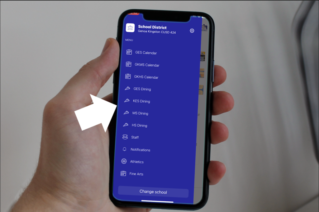 GK Cogs app. Image showing where to find dining menus