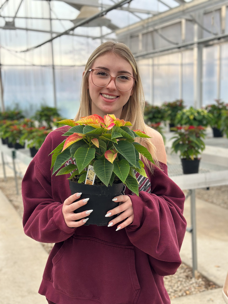 student holding poinsettia