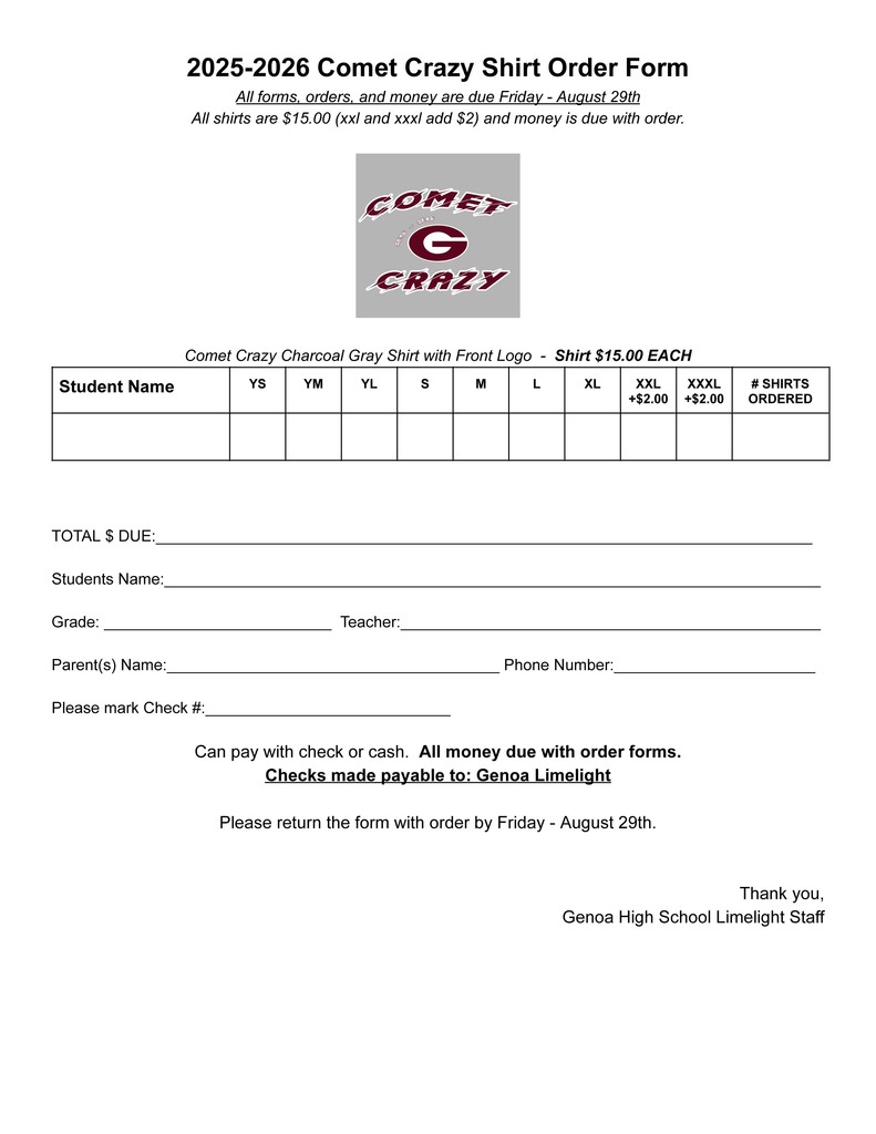 Comet Crazy Shirt Order Form
