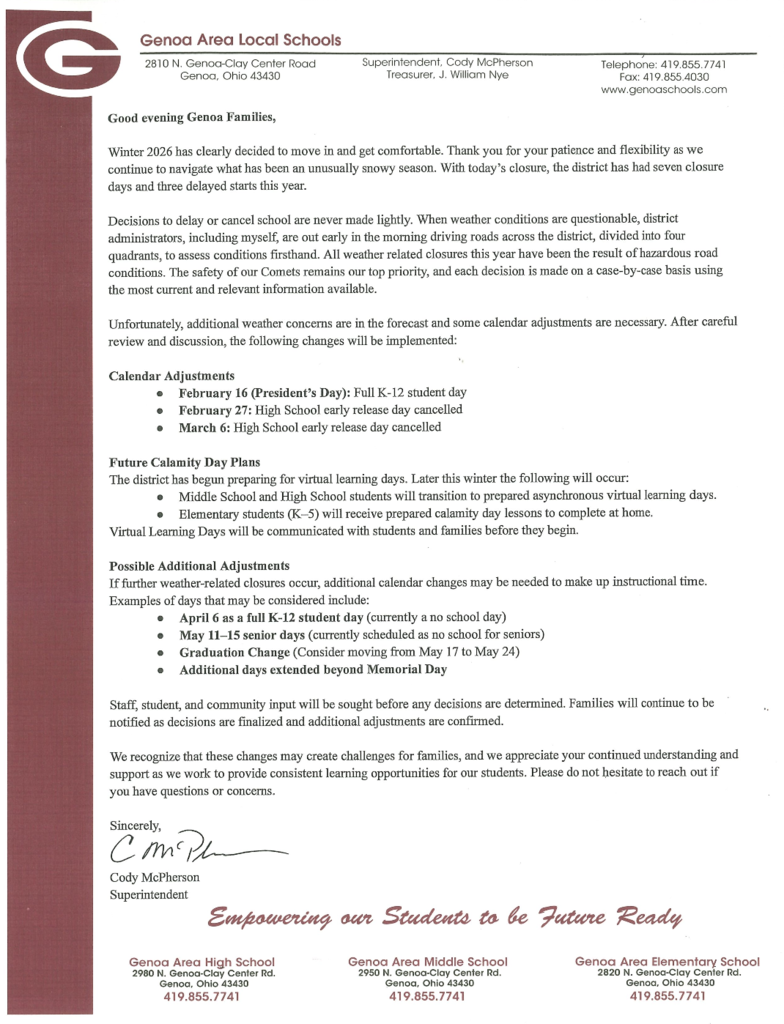 District Calamity and Calendar Changes