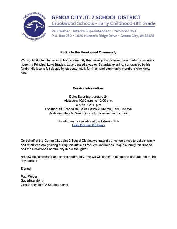 Notice of Mr. Braden's Service Information and Obituary Link