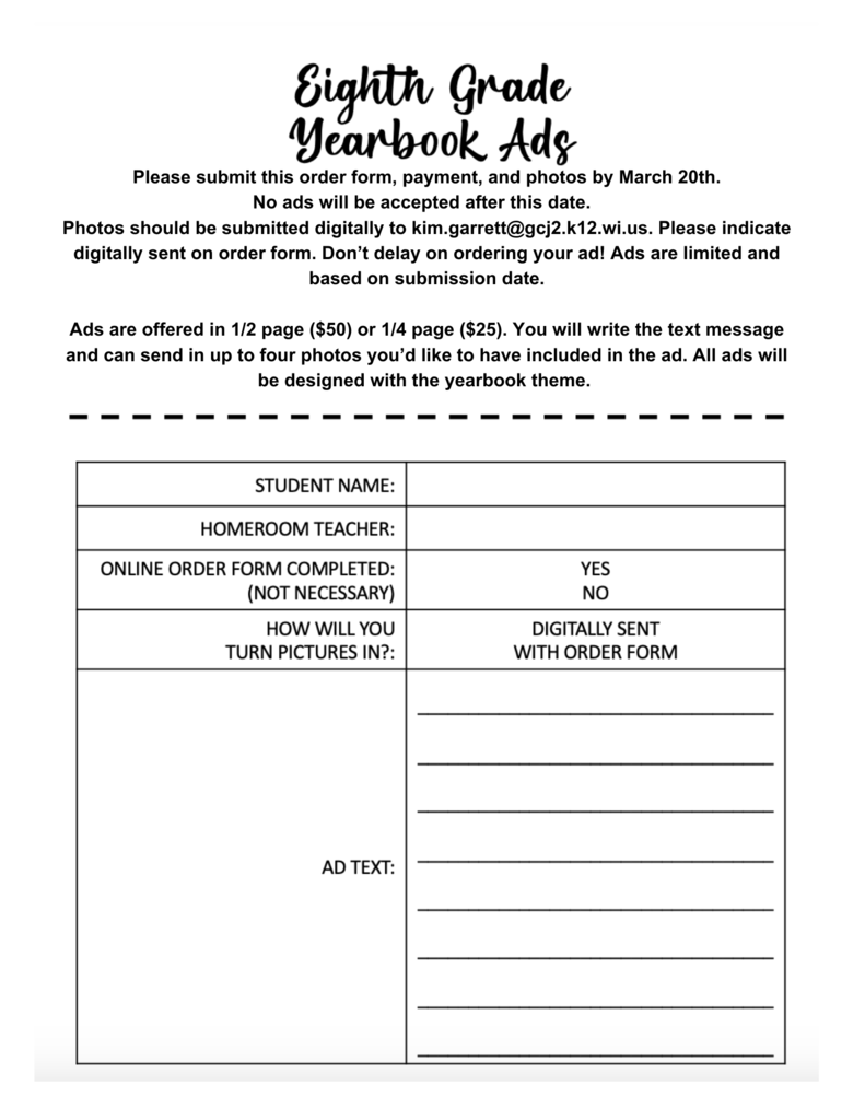 8th Grade Yearbook Ad Form