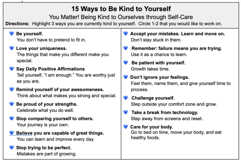 listing of 15 ways to be kind to yourself -- You Matter! Being Kind to Ourselves through Self-Care Activity