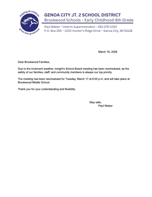 Brookwood Families, please see the following message from Superintendent Paul Weber regarding tonight's school board meeting being rescheduled: https://drive.google.com/file/d/1eMpEVISyPAwRIValrSGXMSYMFCIsWffB/view?usp=sharing