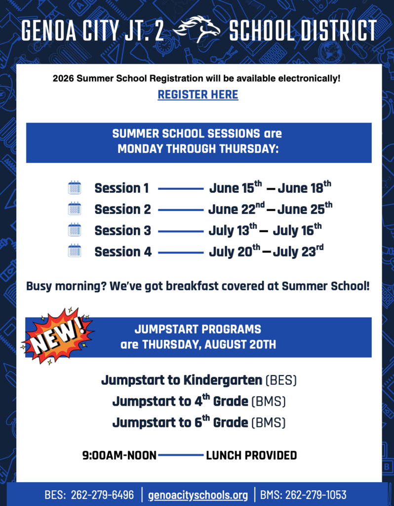 Front cover image of Genoa City Jt. 2 School District 2026 Summer School Registration Booklet which indicates the registration link, dates of each of the sessions and new jumpstart programs for Kindergarten, 4th Grade, and 6th Grade
