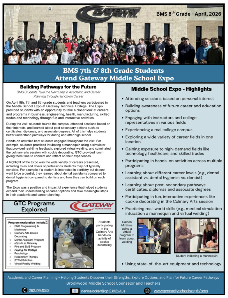 Newsletter about 7th and 8th grade's visit to Gateway Technical College's Middle School Expo