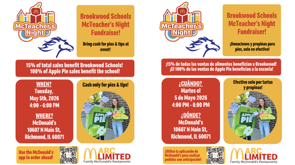 Join us for a unique opportunity to give back to Brookwood Schools. 15% of all sales (including drive-through!) from 4-6pm on May 5th at the McDonald's in Richmond, IL. go directly to our schools. Love apple pies? The school will be selling them there as well and receives full profit on all apple pie sales! 