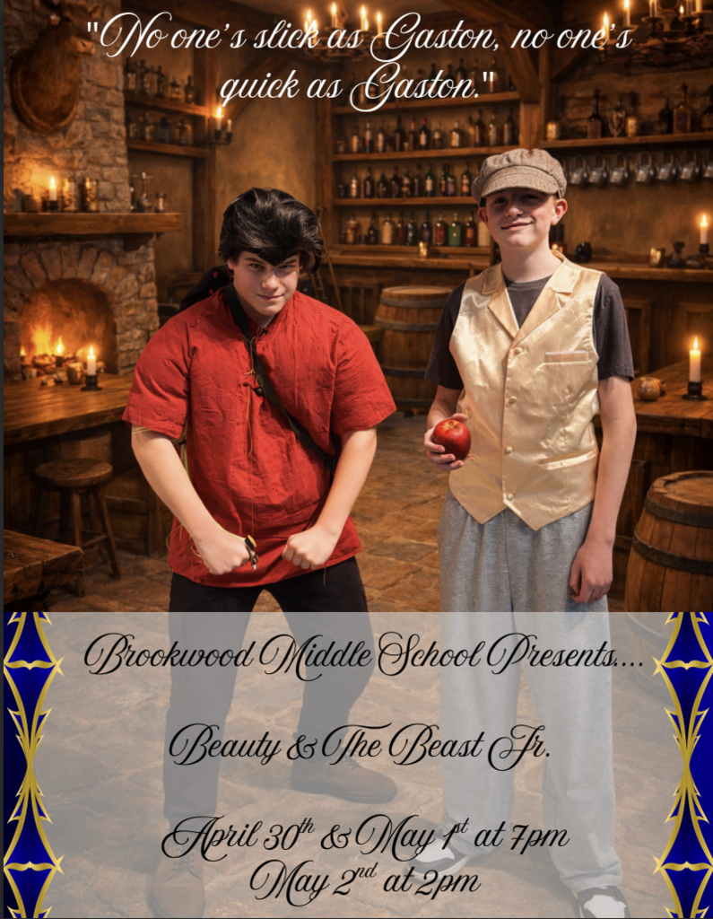 A tale as old as time is coming to life… From a cursed castle to a love that breaks the spell, Beauty and the Beast Jr. is almost here. Join Lumière, Cogsworth, Mrs. Potts, Chip, and all your favorite enchanted friends for a magical night you won’t forget.  Thursday, April 30th at 7 PM Friday, May 1st at 7 PM Saturday, May 2nd Tea Party at 1pm & Performance at 2 PM  Be Our Guest at Brookwood Middle School’s most enchanting production yet.  Join us for a Tea Party with Princess Belle and all her enchanted friends on May 2nd, beginning at 1 PM. This event costs $5.00, and food will be included! RSVP by April 27th by emailing tina.mohr@gcj2.k12.wi.us you don’t want to miss out on this spectacular event!
