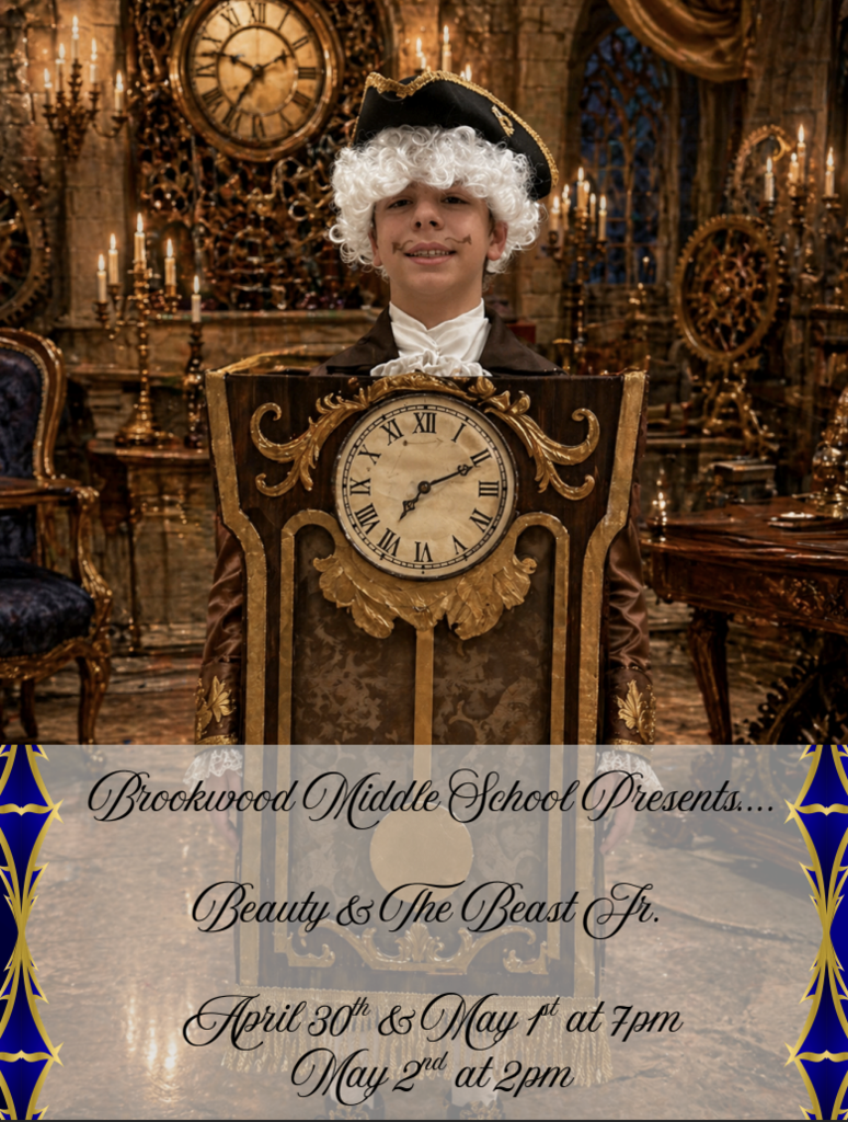 “Be Our Guest” is more than a song, it’s an invitation.  Lumière is ready to light the way, Cogsworth is keeping everything on schedule, and Mrs. Potts and Chip are preparing for a night full of charm, laughter, and heart.  Don’t miss Beauty and the Beast Jr. at Brookwood Middle School.  Thursday, April 30th at 7 PM Friday, May 1st at 7 PM Saturday, May 2nd Tea Party at 1pm & Performance at 2 PM  Don't forget to join us for a “Meet and Greet” with Princess Belle and all her enchanted friends on May 2nd, beginning at 1 PM. This event costs $5.00, and food will be included! RSVP by April 27th by emailing tina.mohr@gcj2.k12.wi.us you don’t want to miss out on this spectacular event!