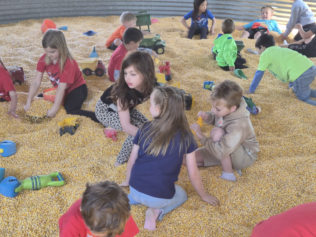 students playing in the corn silo