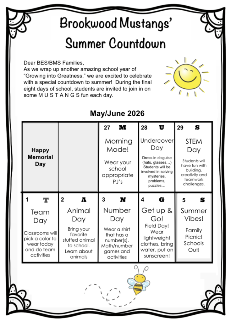 Brookwood Mustangs' Summer Countdown Calendar