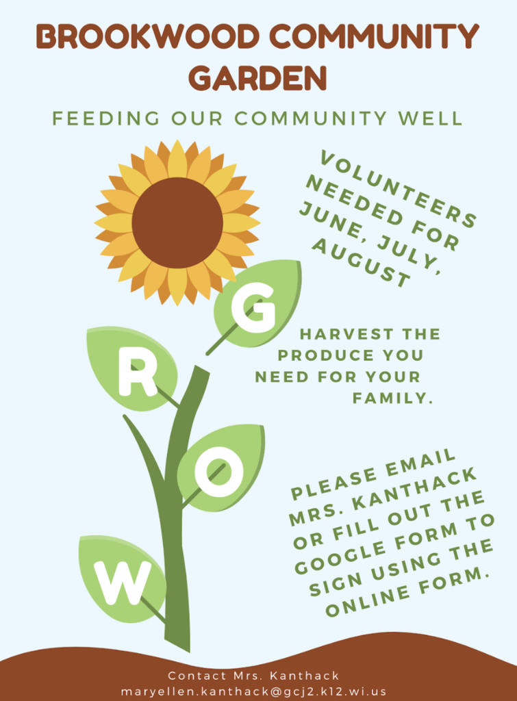 Brookwood Community Garden Flier -- volunteers needed form June, July, and August