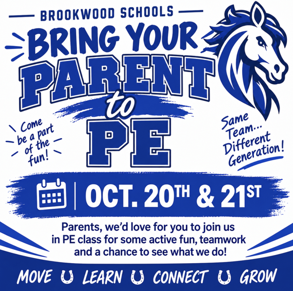 Brookwood Schools: Bring your parent to PE!  Come be a part of the fun! Oct 20 & 21 Parents, we'd love for you to join us in PE class for some active fun, teamwork, and a chance to see what we do!   Middle School Families, find out your child's personal wellness time by contacting Mr. Guth at matt.guth@gcj2.k12.wi.us or by messaging him on your Brookwood app!