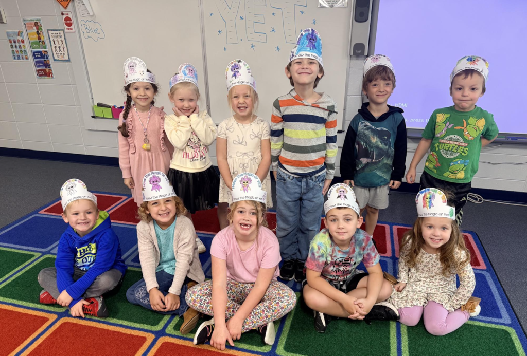 Kindergarten students with Power of Yet hats 