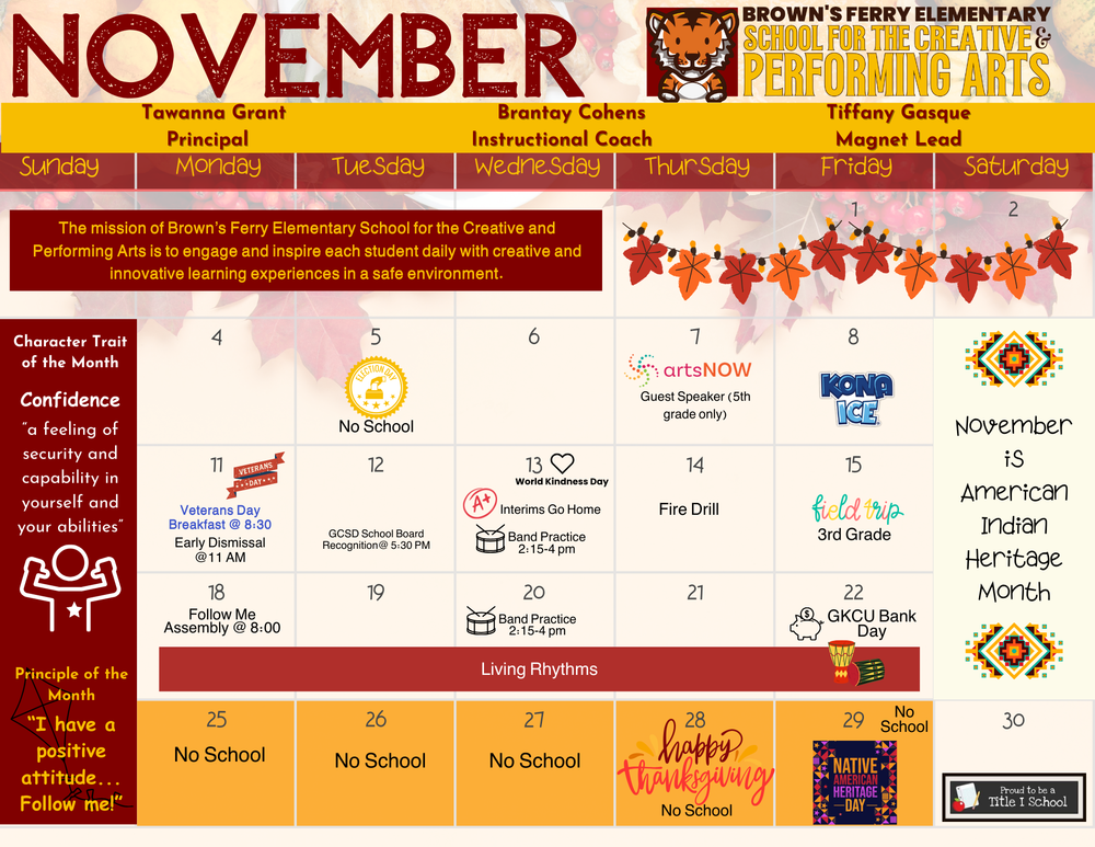 November Calendar of Dates
