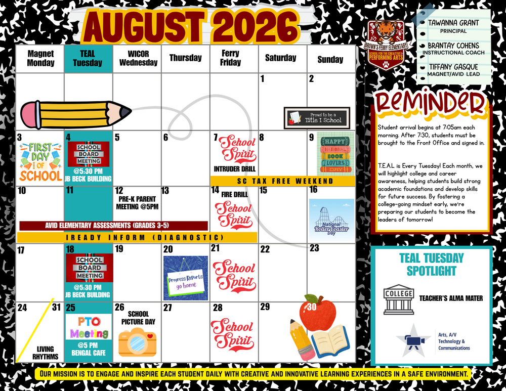 Brown’s Ferry Elementary School August 2026 calendar. Key dates include the first day of school August 3, Pre-K Parent Meeting August 12 at 5 PM, fire drill August 14, progress reports August 20, PTO Meeting August 25 at 5 PM, and School Picture Day August 26. Fridays are School Spirit Days and Tuesdays are TEAL Tuesdays. Student arrival begins at 7:05 AM; students arriving after 7:30 AM must be signed in at the front office.