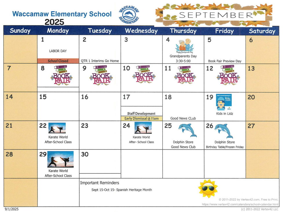 September Event Calendar for Waccamaw Elementary School