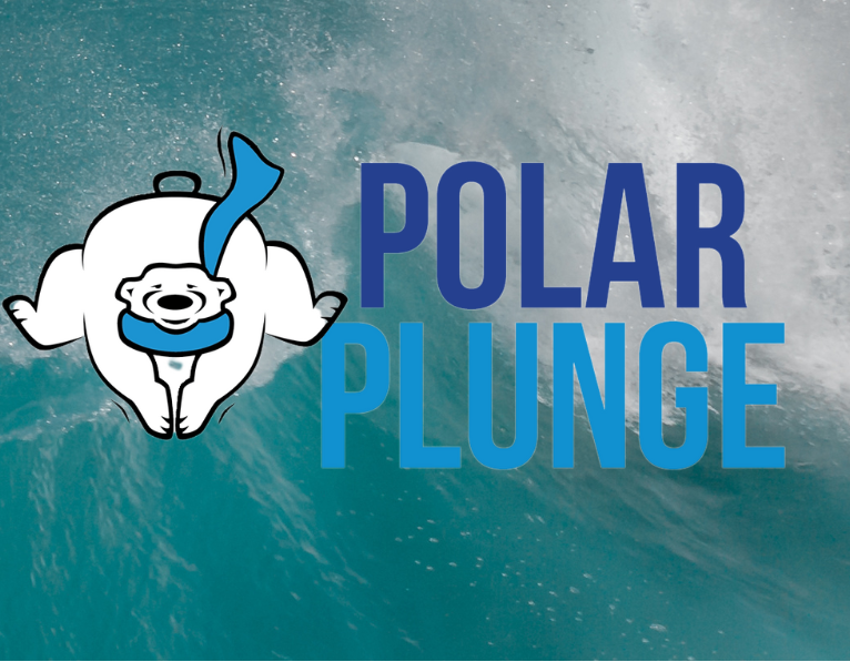 wave backgroung with waccamaw elementary school logo 2/7/2026, a polar bear, the words polar plunge