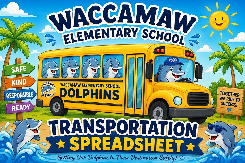 Illustrated Waccamaw Elementary transportation graphic featuring a school bus driven by a dolphin mascot with the title "Transportation Spreadsheet."