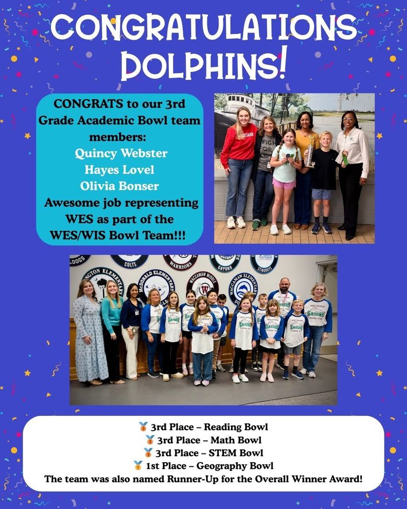 Graphic celebrating Waccamaw Elementary’s 3rd Grade Academic Bowl team—Quincy Webster, Hayes Lovel, and Olivia Bonser—with photos of the team and staff. Achievements include 1st Place in Geography and 3rd Place in Reading, Math, and STEM, earning Overall Runner-Up.