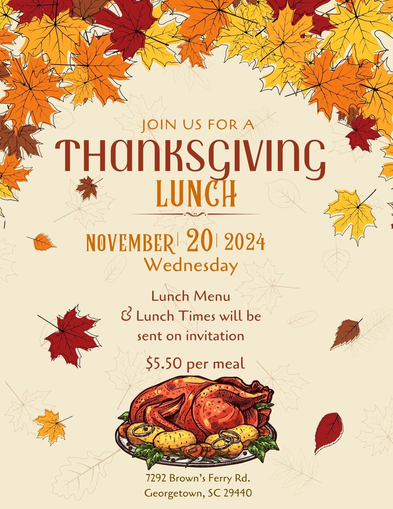 Thanksgiving Lunch is November 20, 2024 at Brown's Ferry Elementary School. Times will follow.