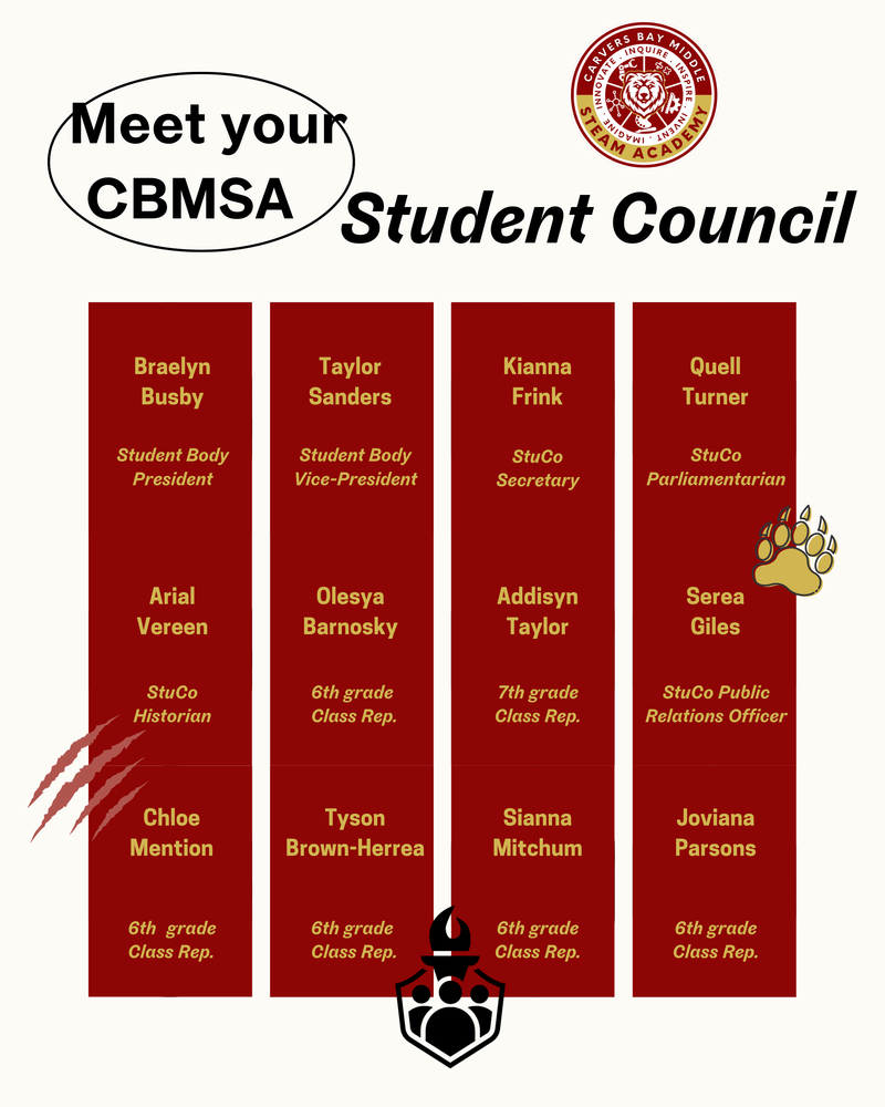 Hello Bear Family. This is a flyer to meet  our newest Student Council members for the 2025-2026 school year.  There are 12 members and their names and positions are listed.