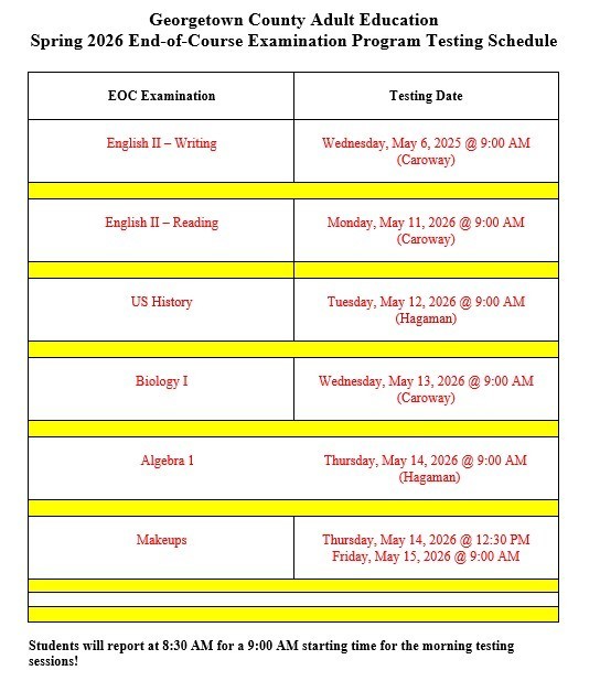 EOC Schedule Spring 2026