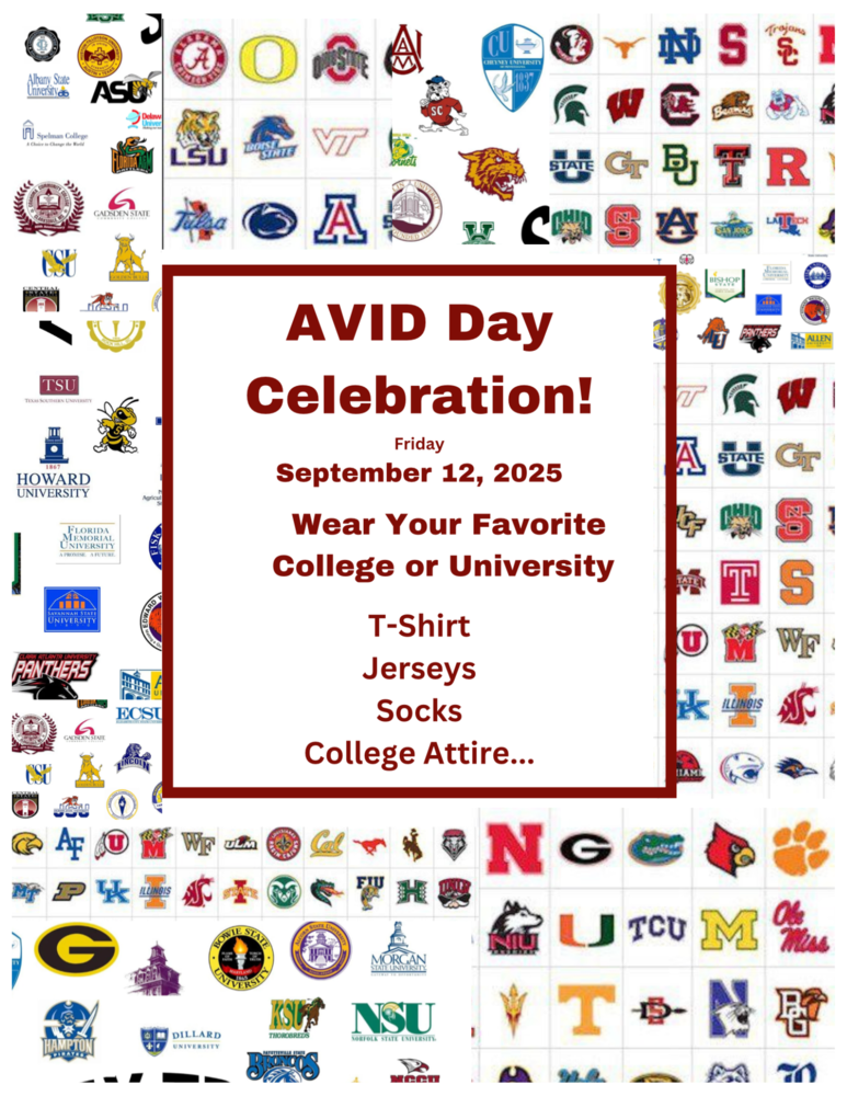 A flyer with logos of all the colleges and universities from around the country, announcing our AVID Day Celebration. On Friday, September 12, 2025, wear your favorite college or university T-shirt, jersey, socks, or any college attire.