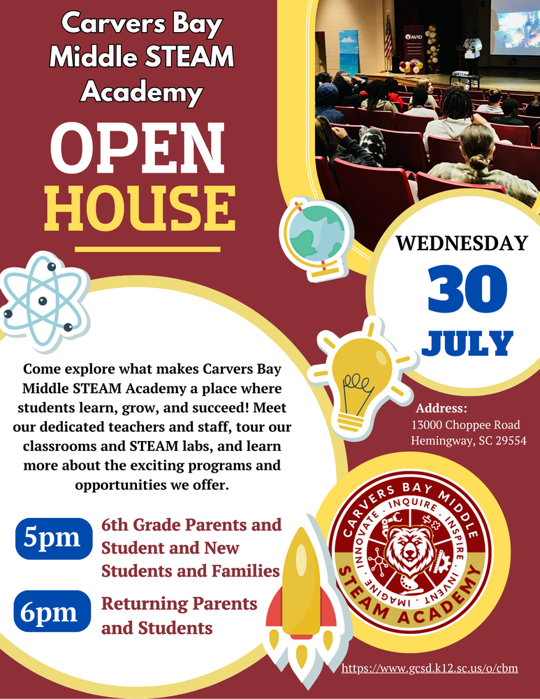 📢 We are excited to announce the Open House at Carvers Bay Middle STEAM Academy on July 30, 2025! This is a wonderful opportunity for parents and students to engage with our dedicated teachers, staff, and administration team. Schedule: Grade 6 Information Session: 5:00 PM - 6:00 PM Grades 7 & 8 Information Session: 6:00 PM - 7:00 PM Join us to kick off an enriching academic year!